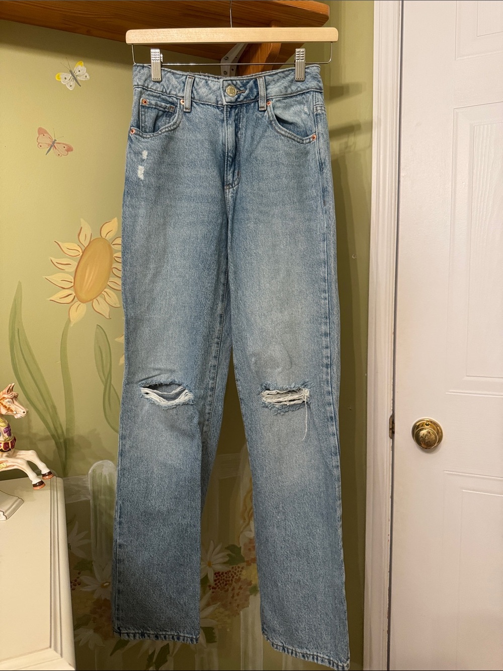 Light Blue Ripped Straight Leg Jeans